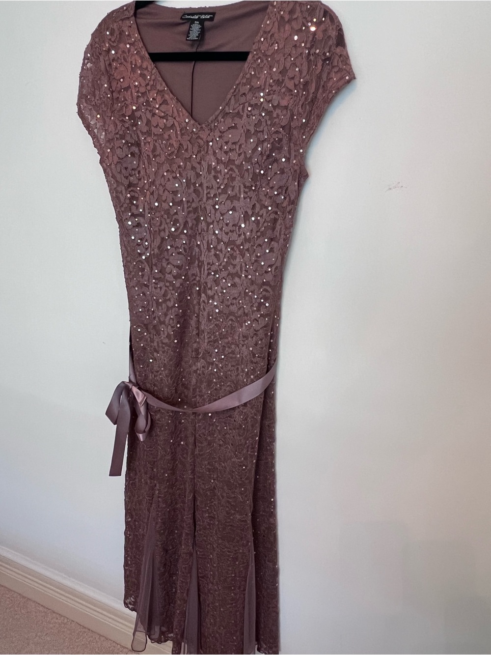 Alex Evenings Mauve Lace Sequin V-Neck Midi Dress